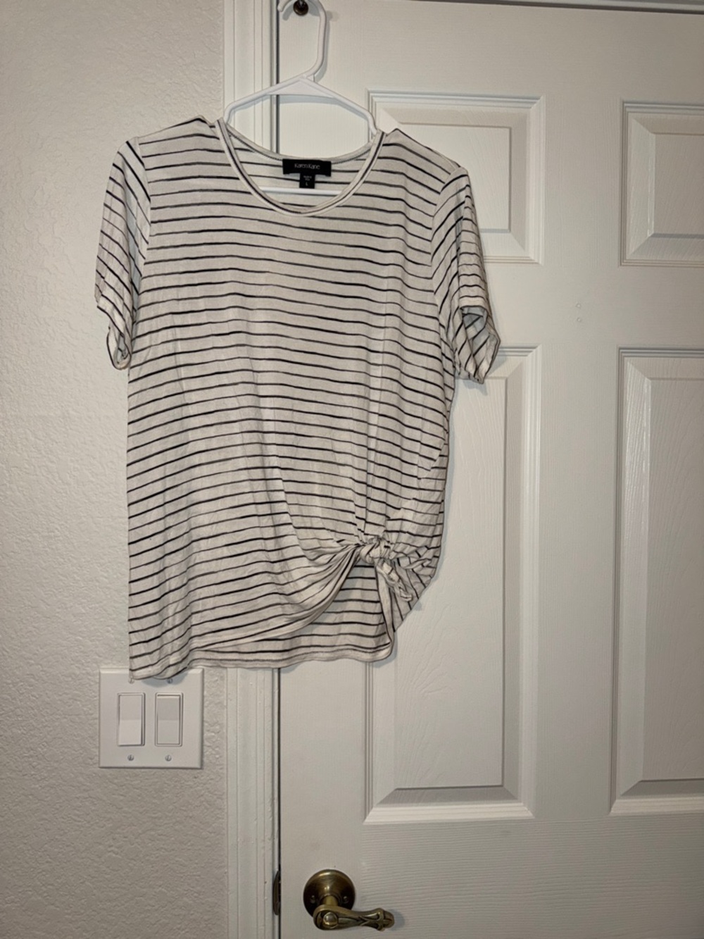 Karen Kane White Tee with Black Stripes and Side Knot